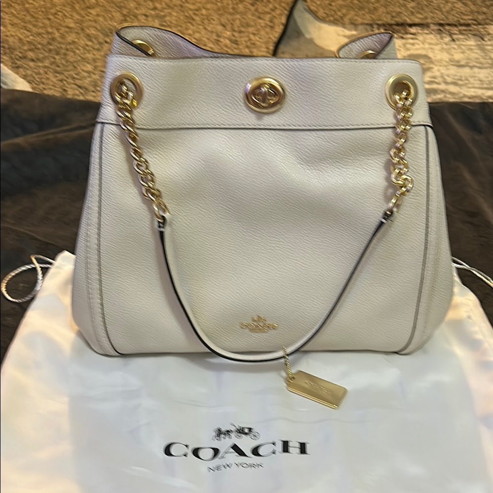 Coach White and Gold Shoulder Bag with Chain Straps